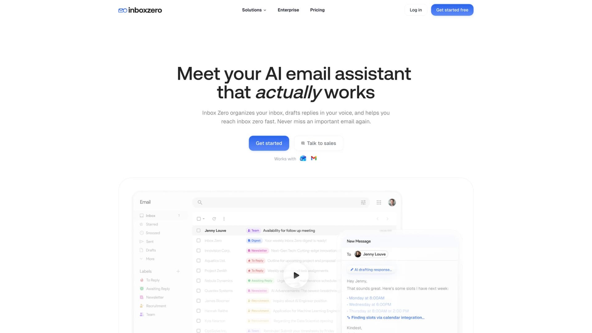 Inbox Zero homepage featuring AI email assistant product with open-source badge and productivity messaging